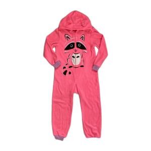 CnJ Girls 6 6x Hooded Pajamas W/Ears Pink Raccoon Blanket Fleece PJs No Feet